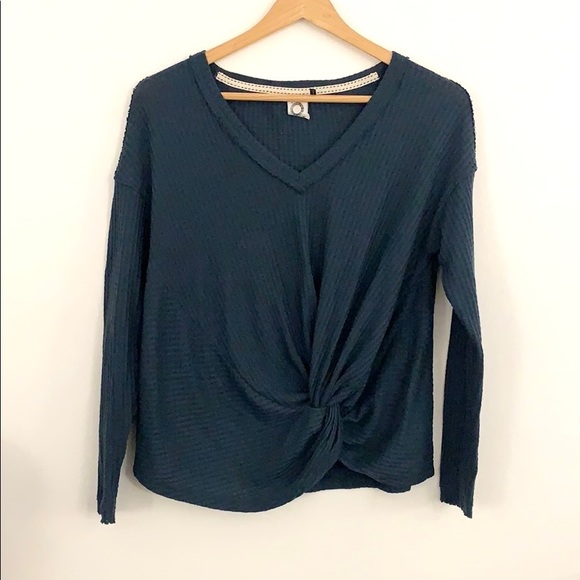Anthro Akemi & Kin Teal V-Neck Knot Shirt - Picture 2 of 12